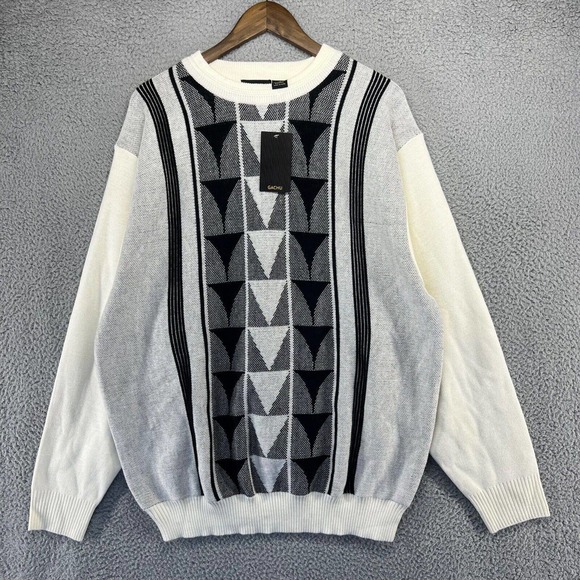 Vintage Gachu Sweater Men's Extra large White Black Geometric Striped 90s Y2K - Picture 1 of 12
